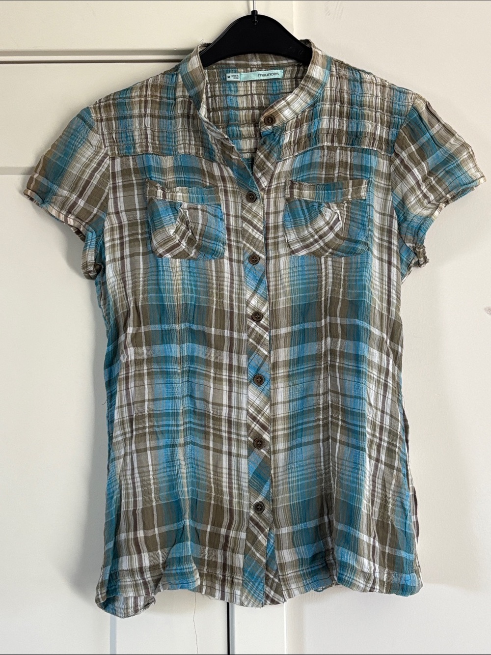Maurices Teal, Brown & White Plaid Short Sleeve Button-Down Shirt